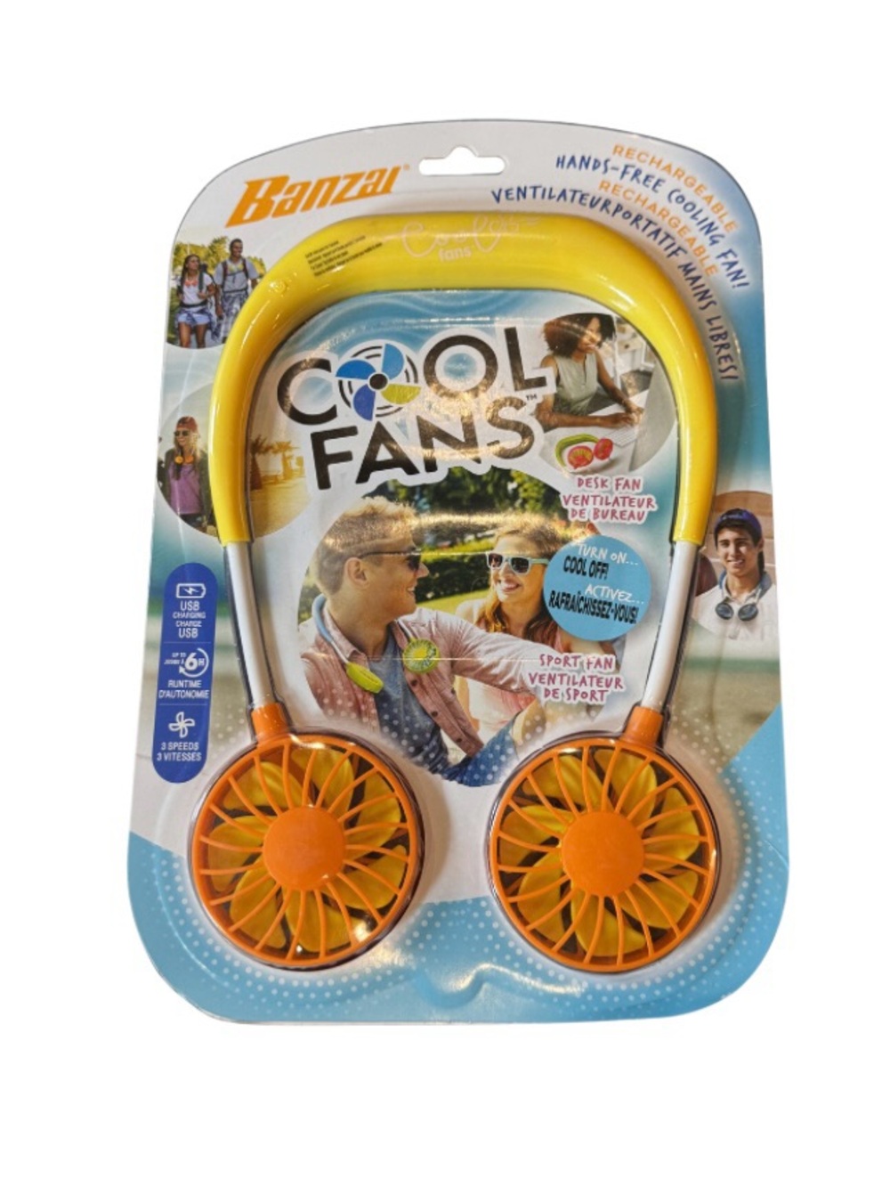 Banzai Cool Fans Rechargeable Hands-Free Neck Fan Desk Fan Yellow and Tangerine